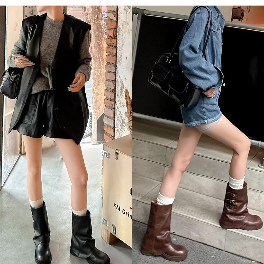 Cowhide Version~ Thick-soled Martin Boots Retro Western Cowboy Boots Metal Buckle Thick Heel Trousers Boots Square Head Short Boots Children