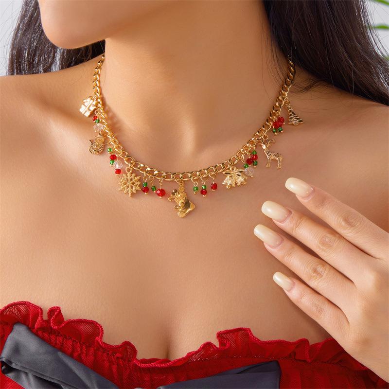 

Fashion Christmas Metal Chain Necklace for Women Crystal Zircon Elk Santa Claus Snowman Bell Xmas Tree Pendant Choker Jewelry золотой
