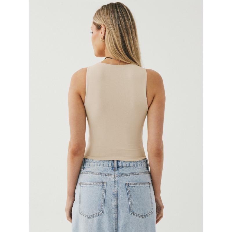 Kadın Seksi Boyunsuz Kolsuz Dar Alt Gömlek Yuvarlak Yaka Çalışma Tank Top