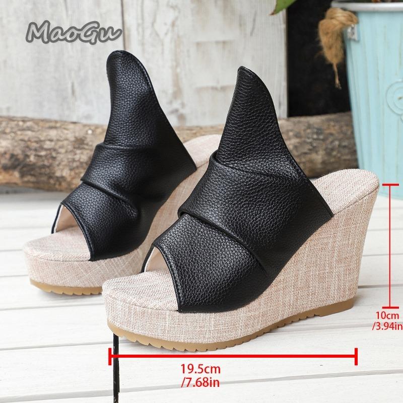 Sommer Damen Keilsandalen Schwarzes Leder Slip-on High Heel Pantoletten 10CM Absatz Plateausandalen Rutschfest Fischmaul Pantoletten Schuhe