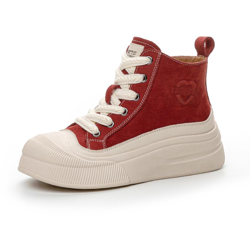 The First Layer of Cowhide High-top Shoes for Women's Autumn New Retro Heightening Casual Versatile Sports Board Shoes for Women