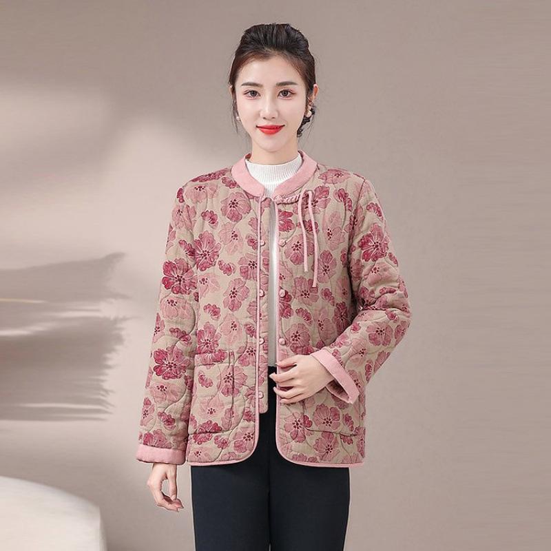 Button stand-up collar padded jacket for women's winter new retro printing padded padded padded jacket padded jacket
