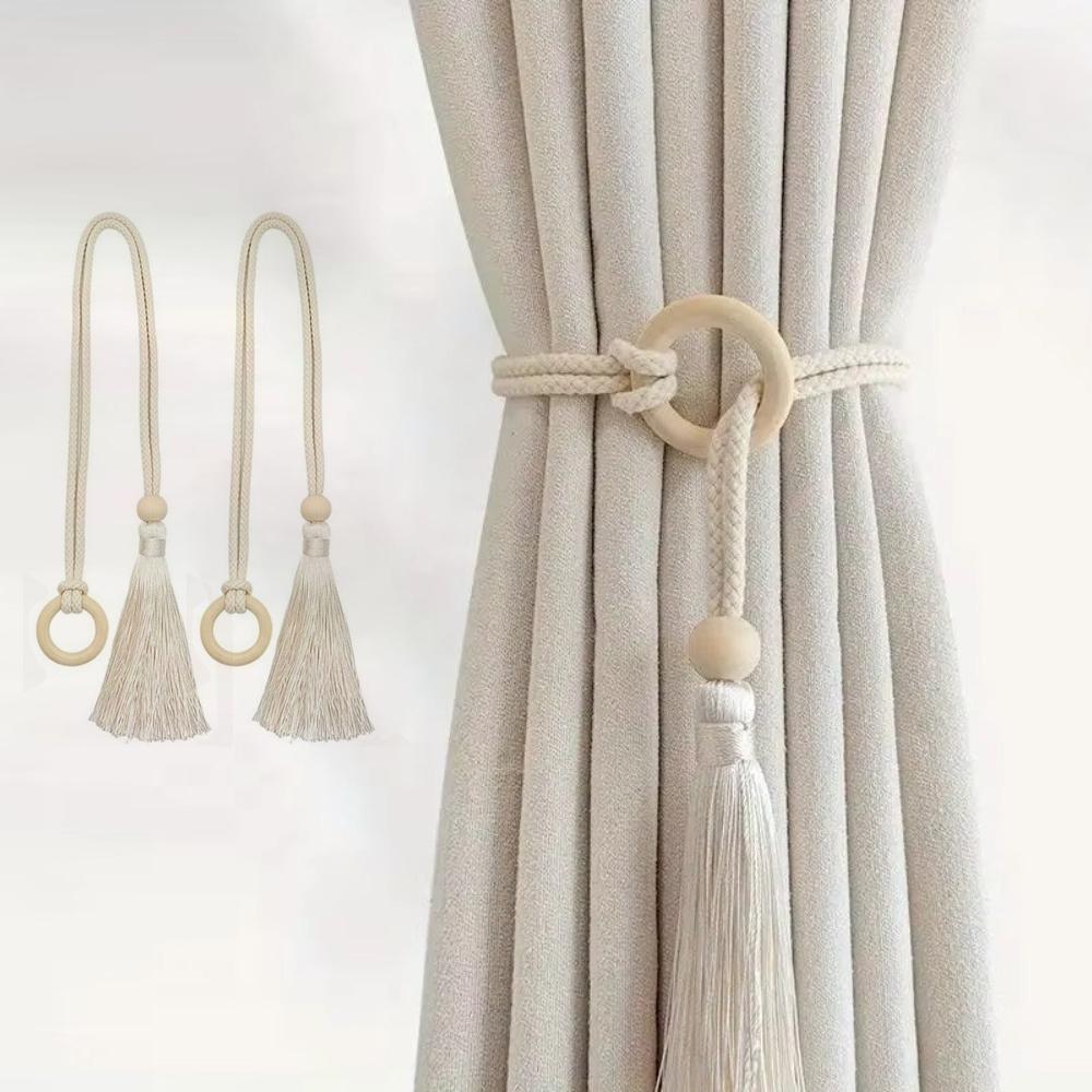 2Pcs Nordic Magnetic Curtain Binding Strap Solid Wood Decorative Curtain Tiebacks Woven Curtain Clasp Home Decoration