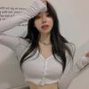 Spring  Women Knitted Cardigan  Low-Cut V-Neck Long-Sleeved Short Thread T-Shirt Navel Bottoming Shirt Tight Top