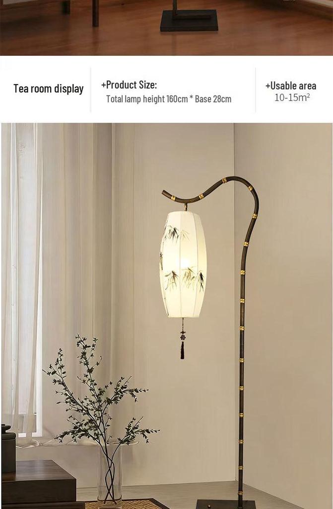 Retro Zen Bamboo Hand-Painted Floor Lamp for Living Room, Study, or Bedroom - Iron Art, New Chinese Antique Style