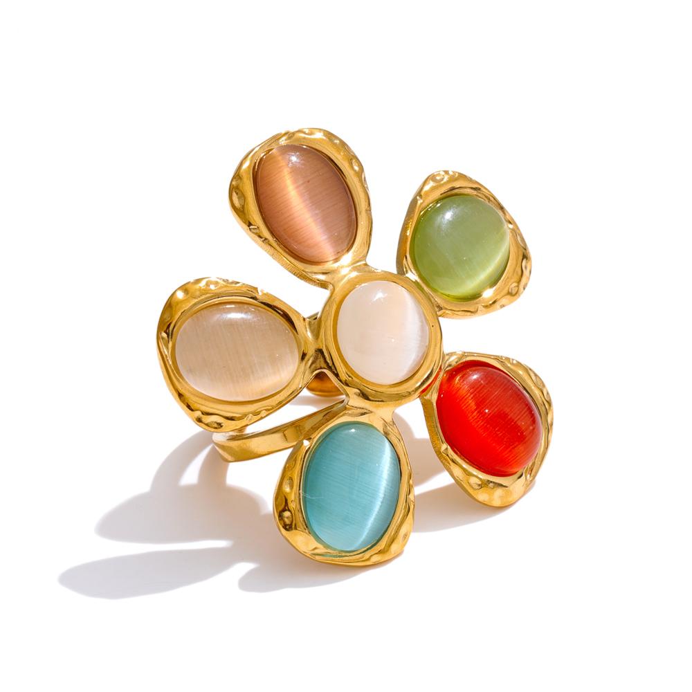 Yhpup Exquisite Colorful Natural Cat Eye Stone Flower Stud Earrings Arrivals Popular Stainless Steel Aesthetic Jewelry