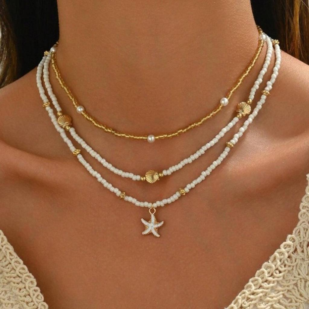 Pack Of 3 Bohemian Adjustable Layering Beaded Necklace/Bracelet With Starfish Shell Pendant For Women Beach Jewelry
