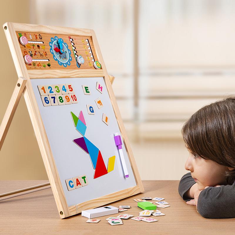 Magnetic Double-Sided Wooden Kids Whiteboard and Chalkboard - Foldable Drawing and Writing Board Toy