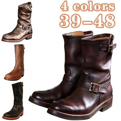 Men's Leather Round Head Middle Top Cowhide Cowboy Boots Flat Bottomed Boots