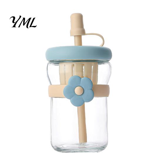 Glass Water Bottle for Scented Tea Straw Cup, with Detachable Filter, Macaron Color Flower Infuser Green Lovers Decor, Portable Heat Resistant Travel