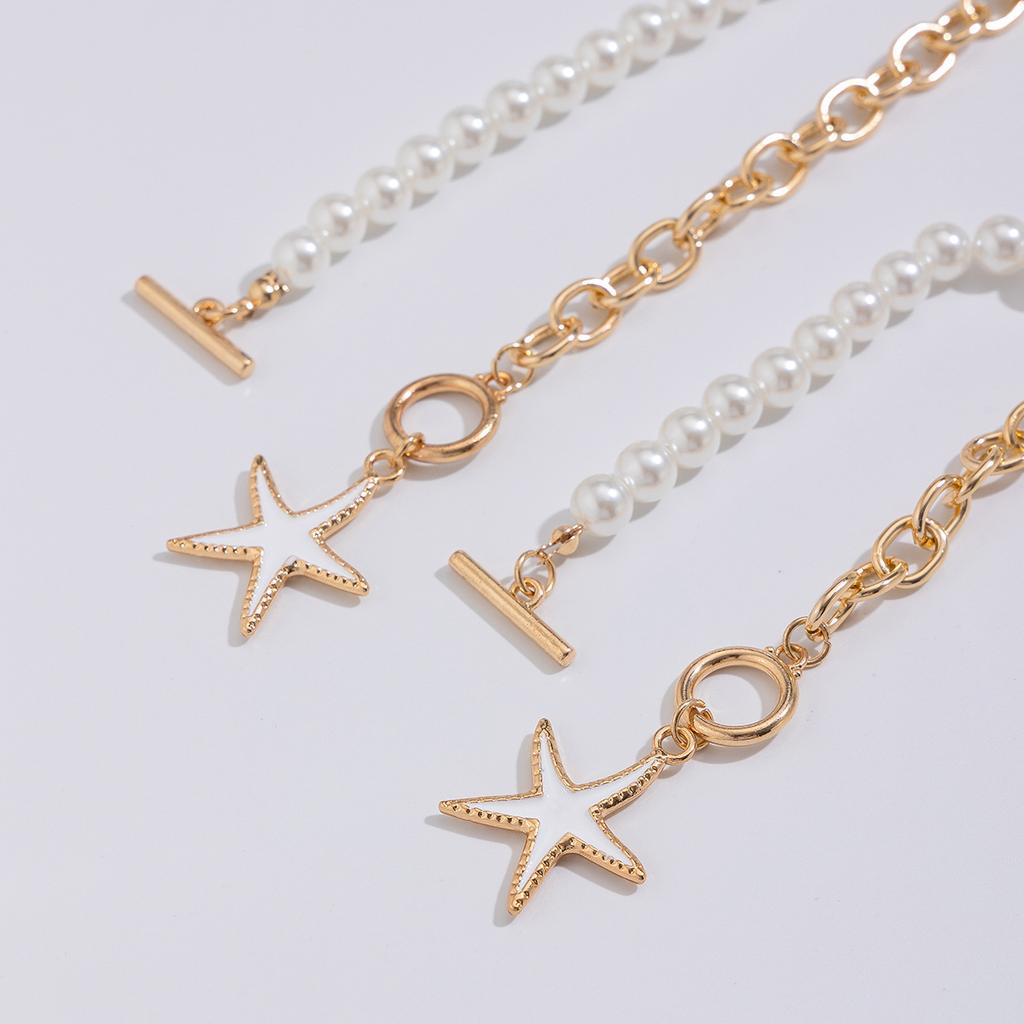 Ocean Style Colorful Starfish Pendant Necklace, Asymmetrical Imitation Pearl Necklace For Beach Vacation
