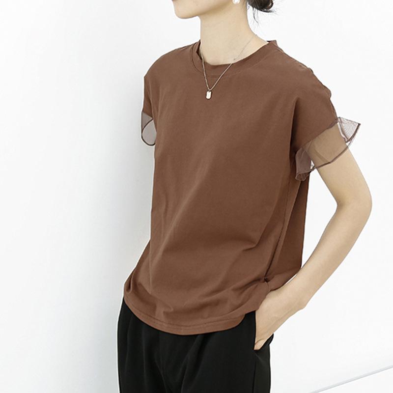New Summer Mesh Ruffled Round Neck Cotton T-shirt for Women