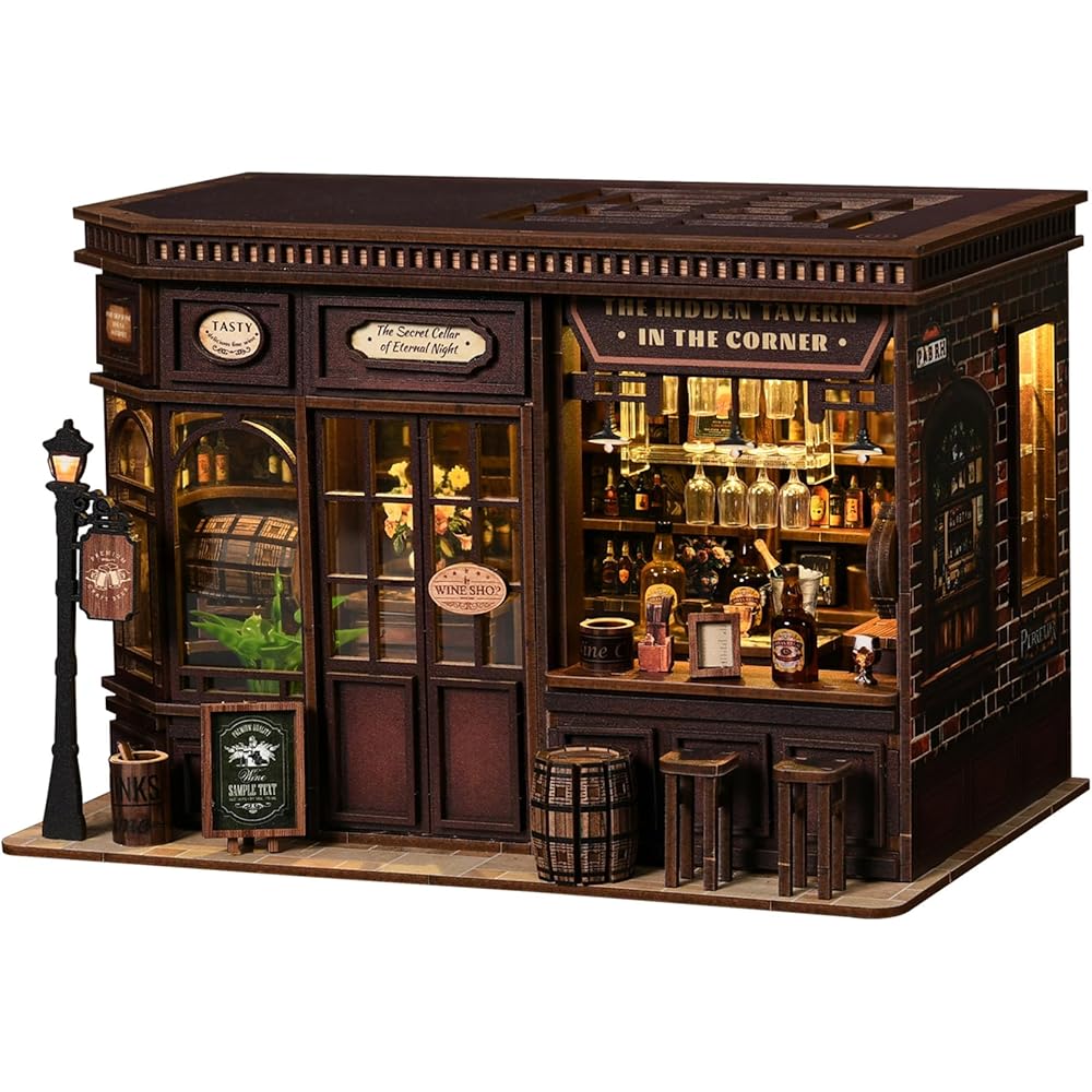 

Pixie Curio Miniature House DIY Kit Wooden Puzzle LED Light Corner Izakaya Theme Book Nook Gift Decoration