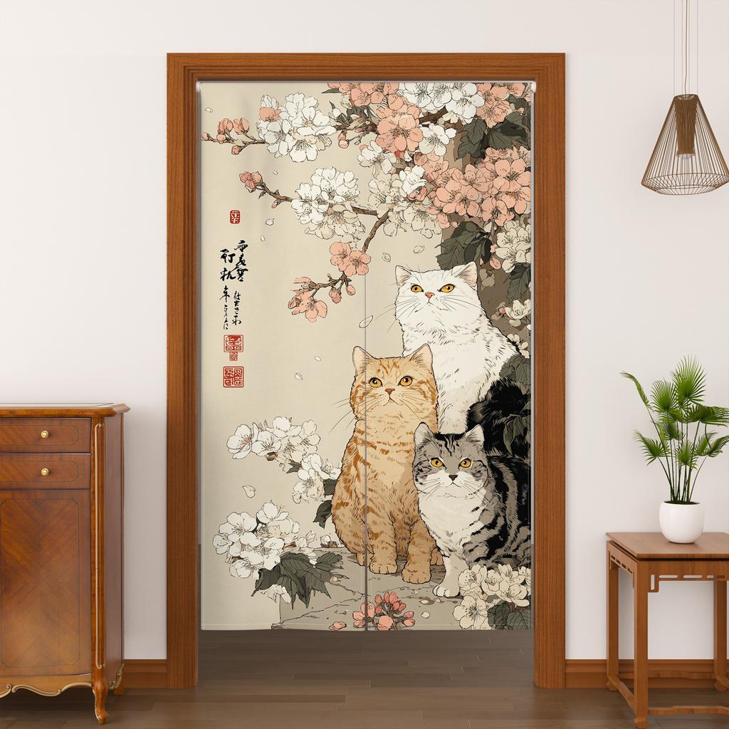 Japanese Style Noren Door Curtains Cute Cat Cherry Blossom Bird Patterns Polyester Doorway Kitchen Entrance Half Curtain For Cooking Area Made Of