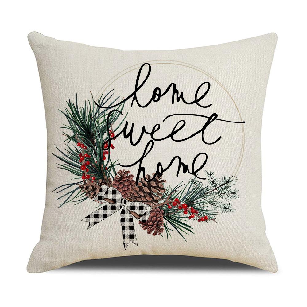 Red and Black Plaid Christmas Pillow Holiday Pillow Cover Linen Cartoon Print Holiday Cushion Cover