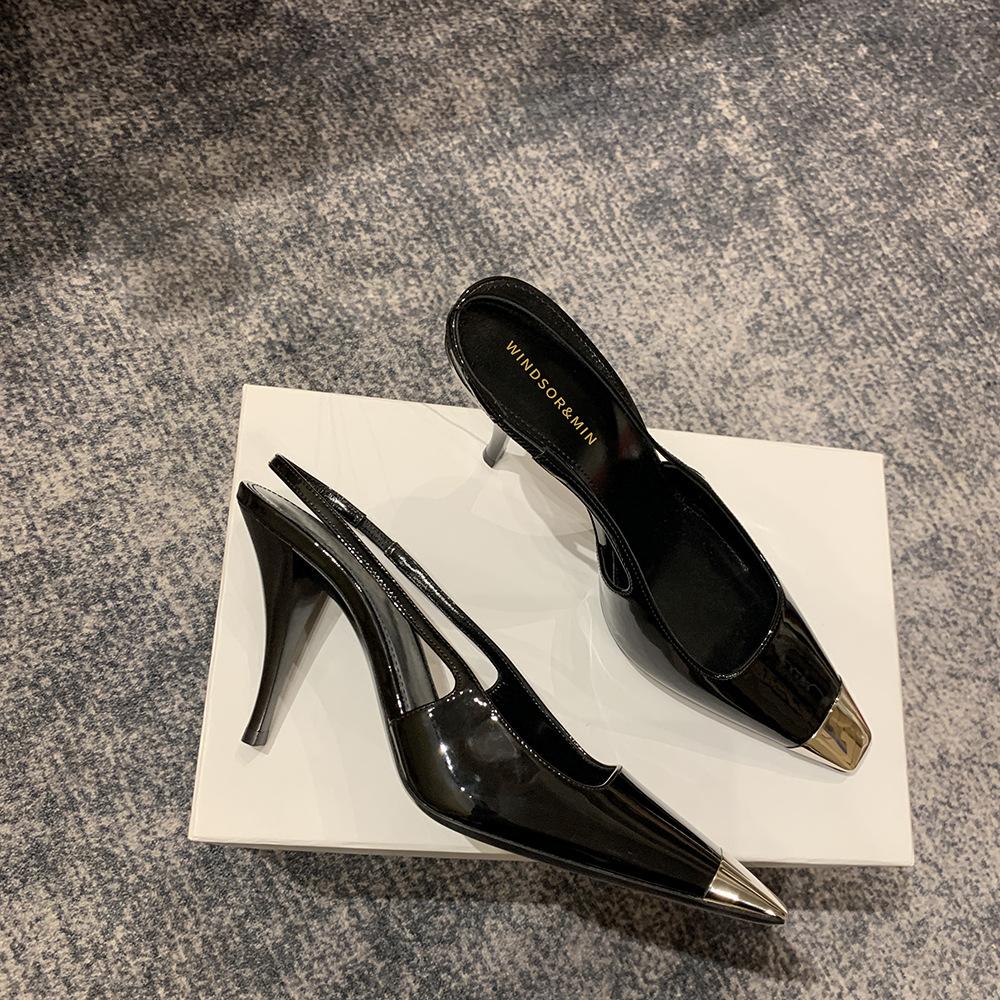 Park Caiying rose the same black high heels 2025 spring and autumn new patent leather thin heel versatile metal square head single shoes women