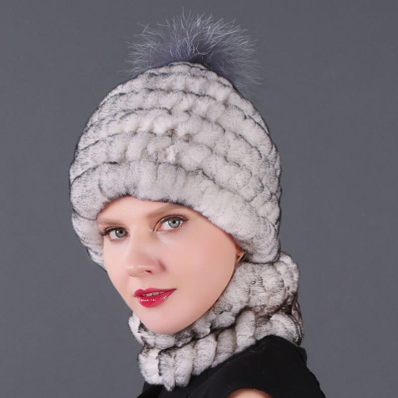 New hat scarf winter thickened thermal hat Rex rabbit fur grass Rex rabbit fur scarf two-piece set