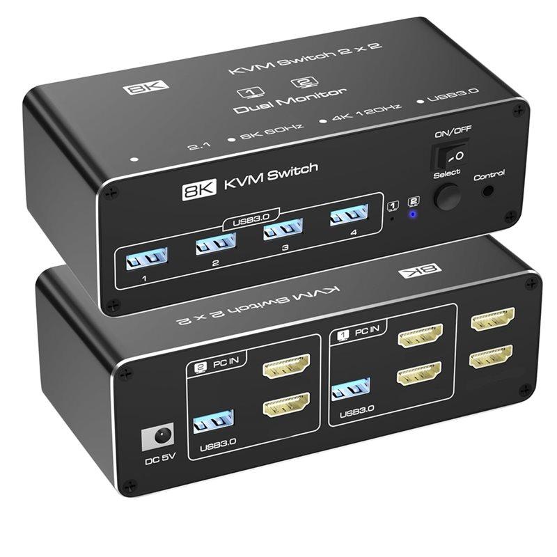 

ABNR KVM Switch 2 Monitors 2 Computers, -USB 3.0 For 2 PC Share To 2 Screen Extended Mode Support чёрный