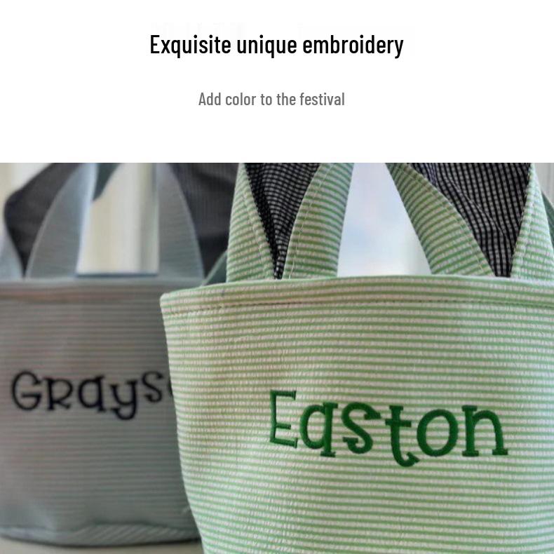 Personalized Easter Basket with Embroidered Rabbit Ears - Plaid Bubble Gauze Tote for Egg Decoration Storage