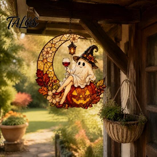 Ghost Pendant 2D Moon Pumpkin Acrylic Suncatcher, Halloween Window Home Garden Accents Hanging Ornament, Autumn Thanksgiving Yard Wall Decor
