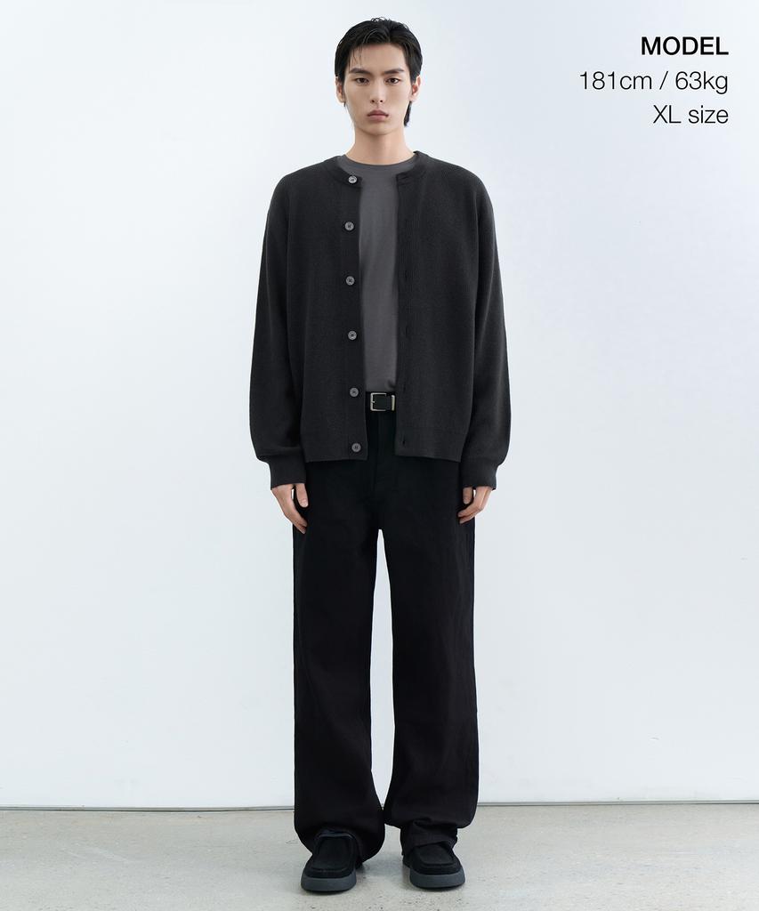 Musinsa Standard [Victoria Wool] Minimal Ribbed Round Neck Cardigan [Dark Gray]