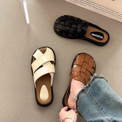 Leather Bag Head Slippers Women's Outer Wear 2025 Spring and Summer New Retro Woven Hollow One Pedal Lazy Half Drag