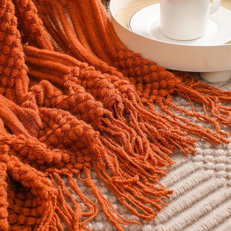 Luxury Solid Color Fringe Bean Blankets Tassels Knitted Throw Blanket Chunky Cozy Farmhouse Gift All Season Comfort For Home