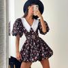 women's Ditsy Floral Print Contrast Collar Puff Sleeve High Waist A Line Mini Dress Elegant Party Dress