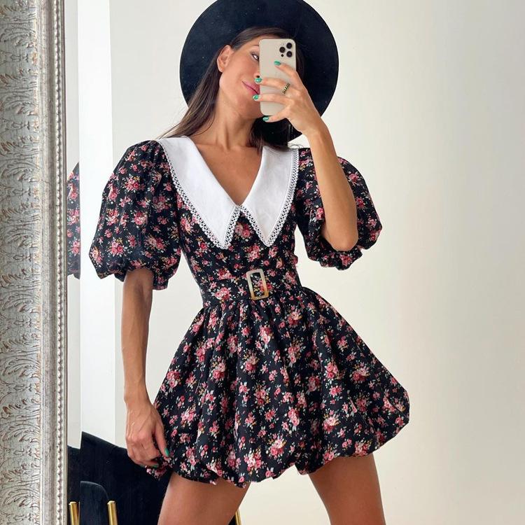 women's Ditsy Floral Print Contrast Collar Puff Sleeve High Waist A Line Mini Dress Elegant Party Dress