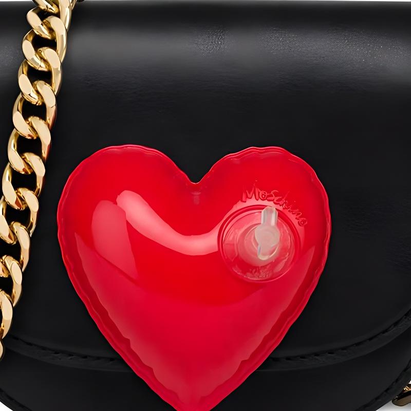 Moschino Inflatable Heart Shaped Decorative Flap Closure Three Layer Chain Leather Crossbody Shoulder Bag Women Bags Black A74198008-1555
