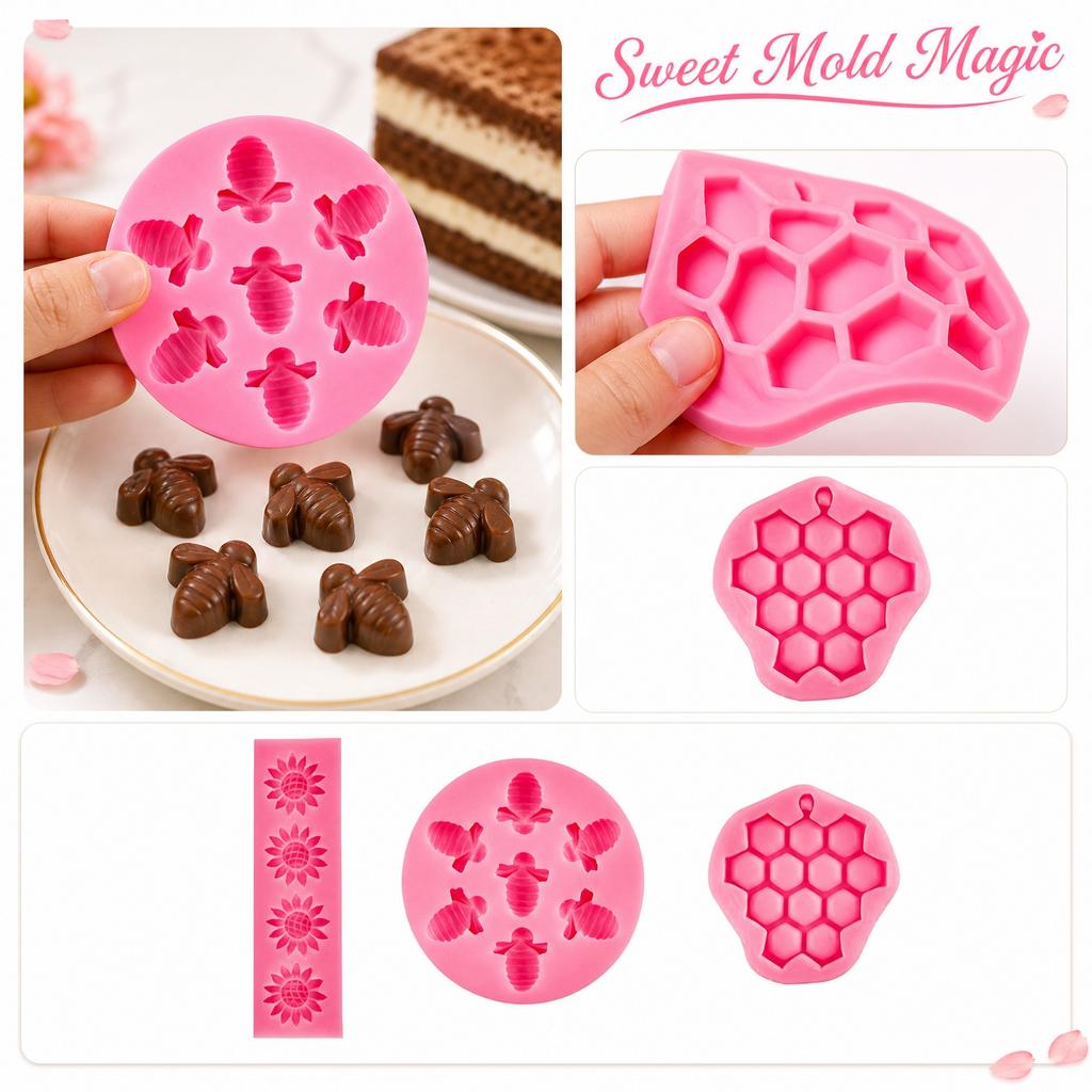 3pc Silicone Mold Set for Cake Baking Soap Making Honeycomb Bee Sunflower Design Flexible Nonstick Molds for Crafting and Baking