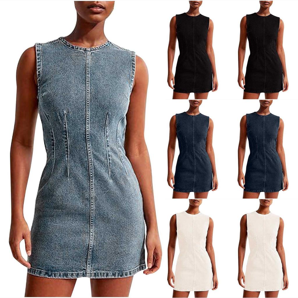 Sleeveless Denim Dress with Zip Front Detail in Multiple Colors - Blue, Black, Navy, White