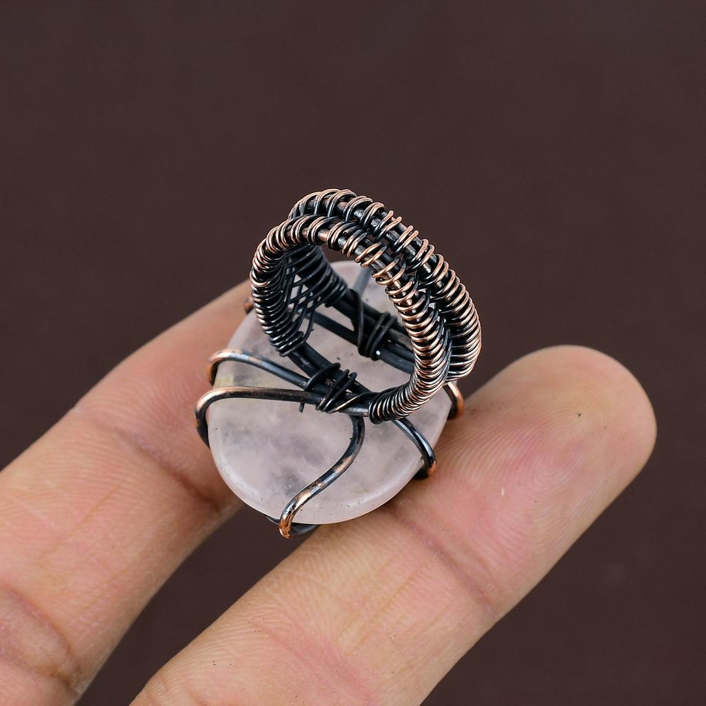 Natürlicher Rosenquarz Edelstein Handgemachter Kupferdraht Wickelring Größe 6,5 s2t02