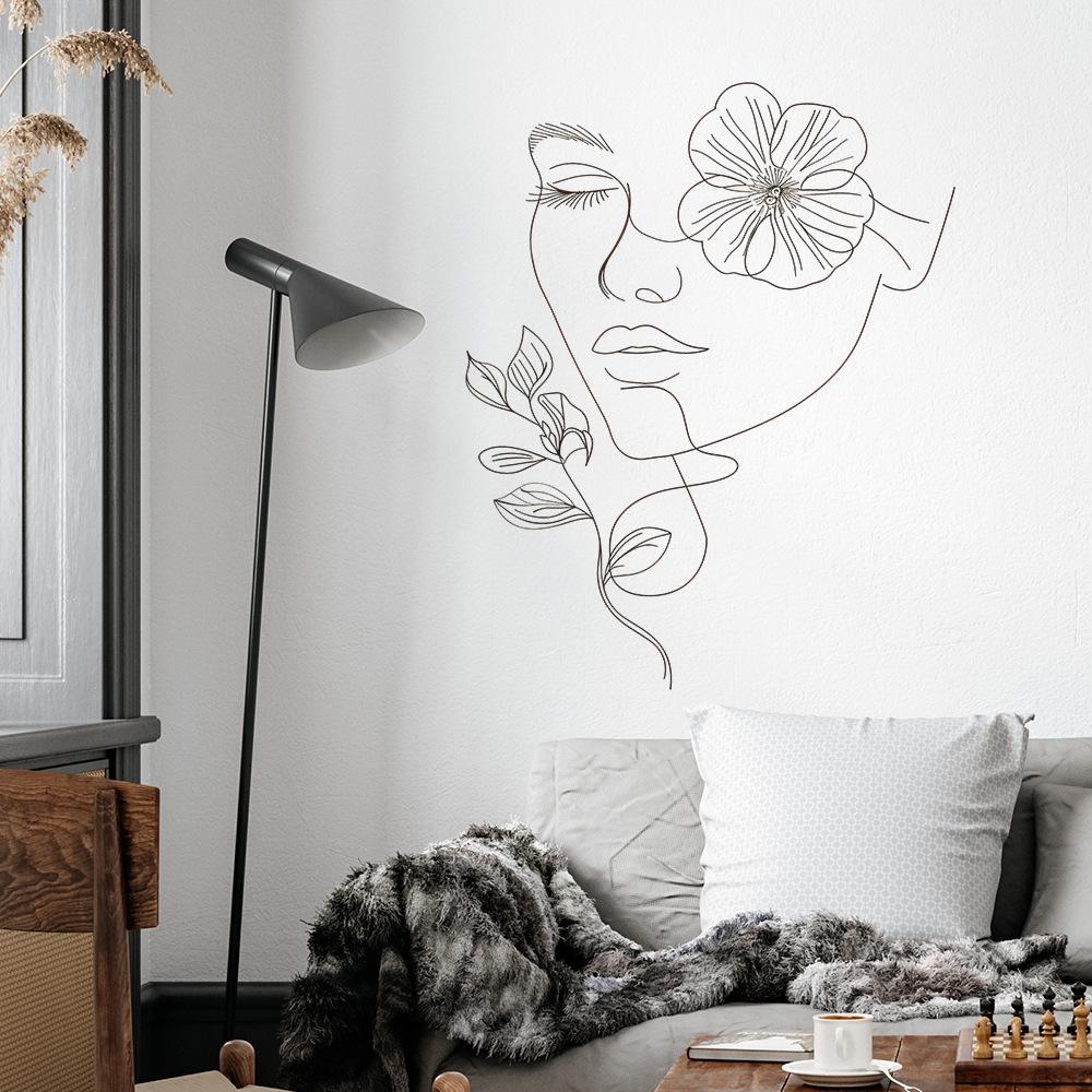Minimalist Hand-Drawn Line Art Woman Wall Sticker Self-Adhesive Removable for Bedroom Living Room Background Wall Decoration