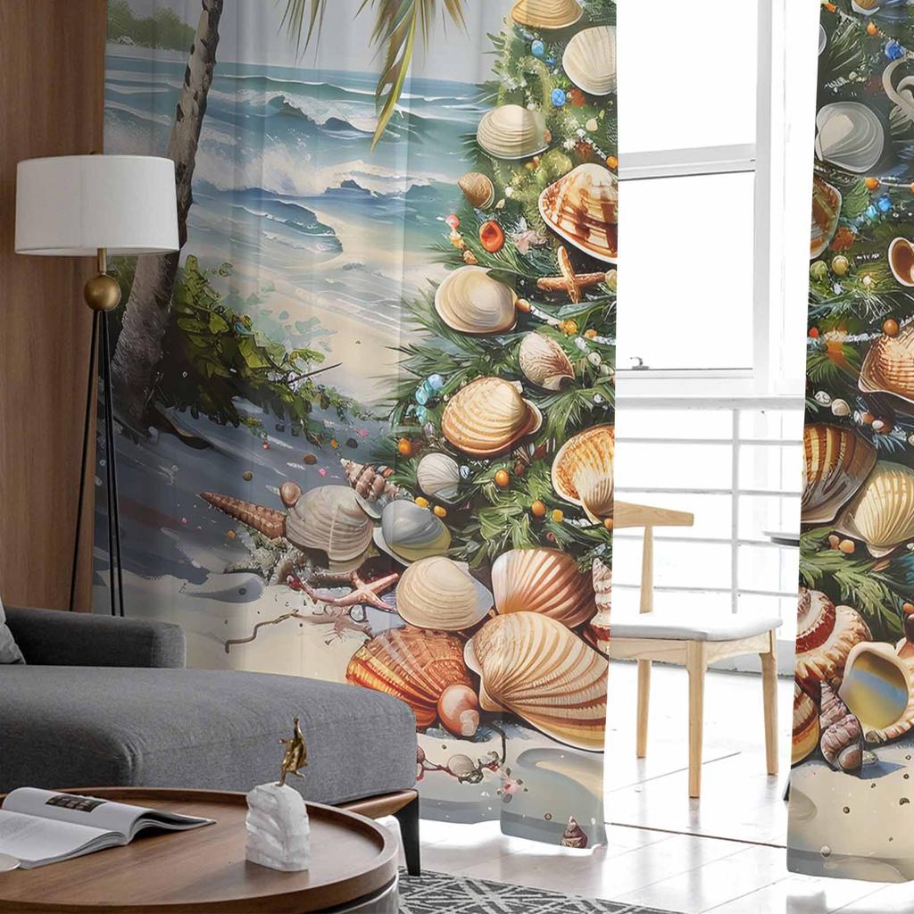 Christmas Beach Christmas Tree Shell Sailing Palm Tree Sheer Curtains Gauze Curtain for Living Room Bedroom Voile Yarn Curtains