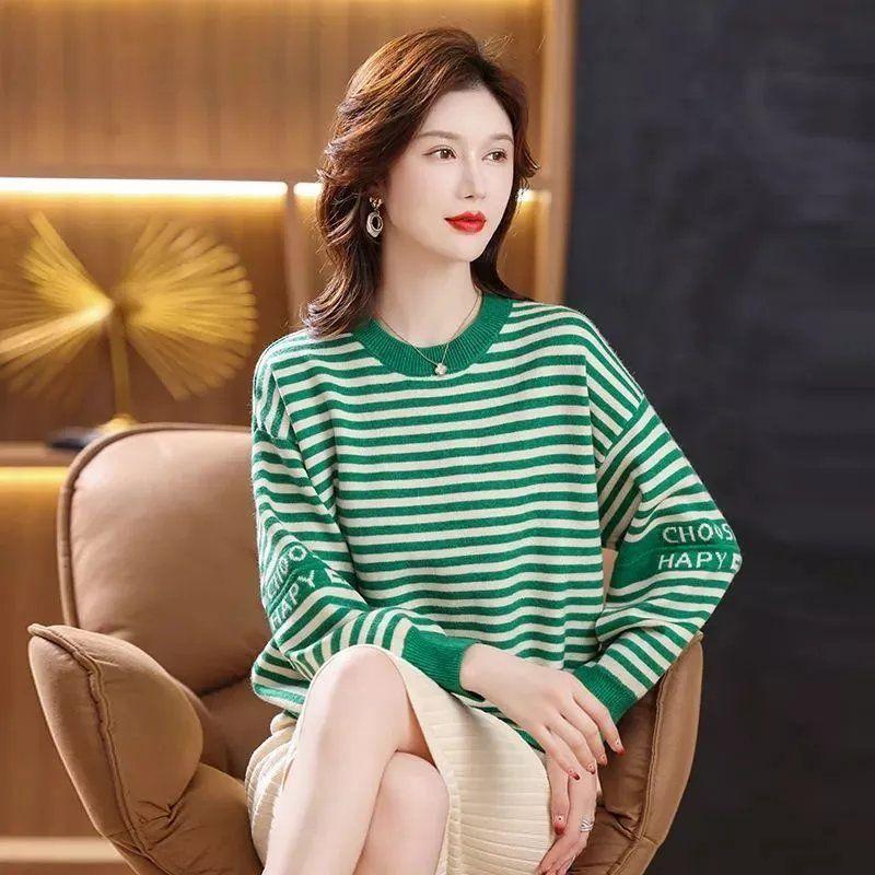 Autumn and Winter Round Neck Bottoming Shirt Women's Loose Inner Striped Top Fashion Plus Size Mother's All-match Sweater
