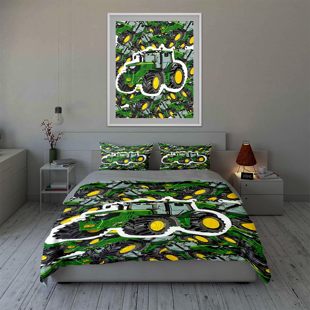 Green Tractor Design Bedding, Duvet Cover Sets, Duvet Covers, Pillowcases, Birthday Gifts (1 * Duvet Cover 2 * Pillowcases, Without Duvet Insert)