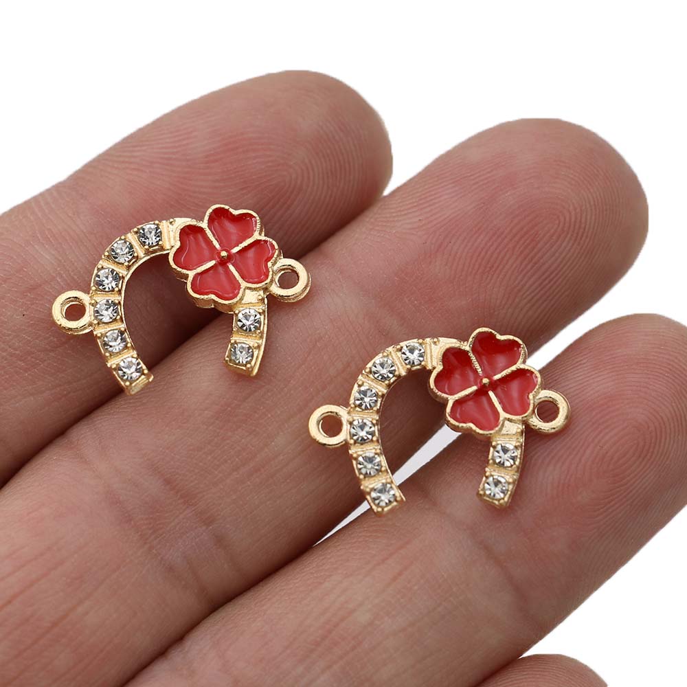 5Pcs Gold Plated Crystal Clover Horseshoe Charm Connectors For Jewelry Making Bracelet Necklace Accessories Diy 22X15Mm