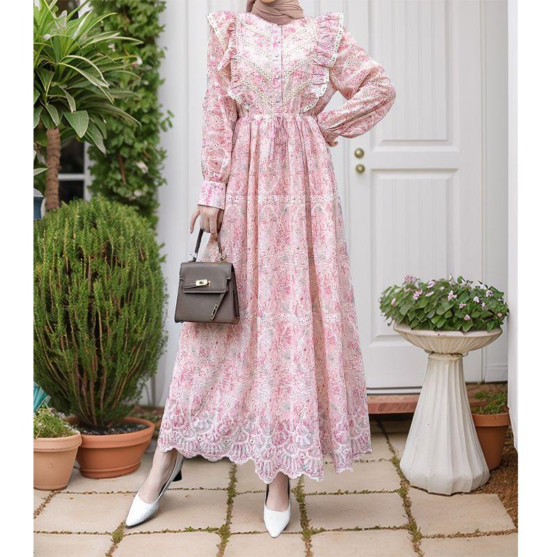 2025 Middle East New Hollow Embroidery Frill Patchwork Lace Floral Foreign Trade Robe Dress Dress