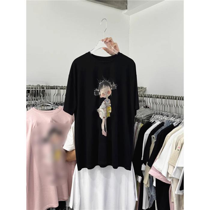 

Pure cotton cartoon girl printed short-sleeved T-shirt 2025 summer new women s simple niche foreign style top tide 3XL
