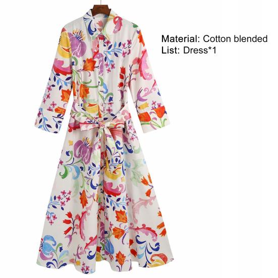 Floral Print Women Dress Turn-down Collar A-Line 45720 Sleeve Single-breasted Mid-Calf Shirt Dress