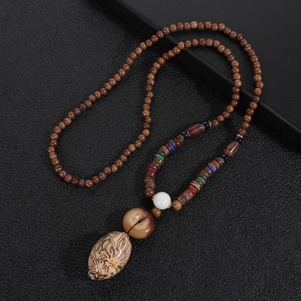 Handmade Nepal Buddhist Mala Bead Pendant Necklace Ethnic Wooden Bead Long Jewelry Gifts For Women