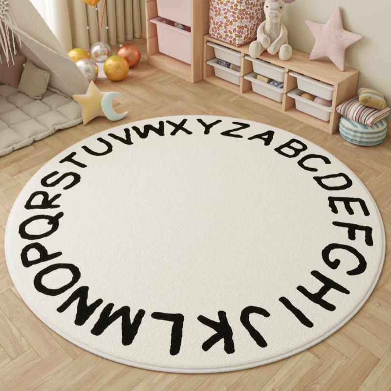 Educational Round Kids Rugs Alphabet Animal Design Rainbow Pattern Colorful Learning Carpets for Childrens Room Decor