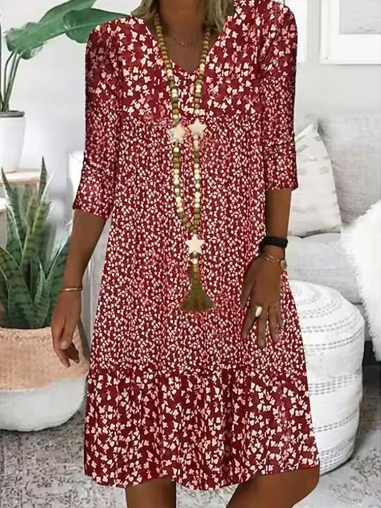 Stylowa Letnia Damska Sukienka Midi z Dekoltem V, Drukowana, z Rękawem Średniej Długości, Modna Nowa
