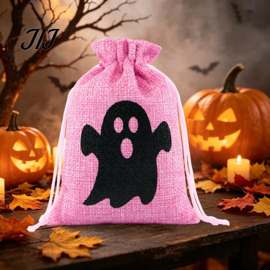 Cotton Linen Jewelry Bags Halloween Burlap Treat Bags, Pumpkin Ghost Bat Spider Witch Print Drawstring Gift Favors Candy Pouches for Cookies