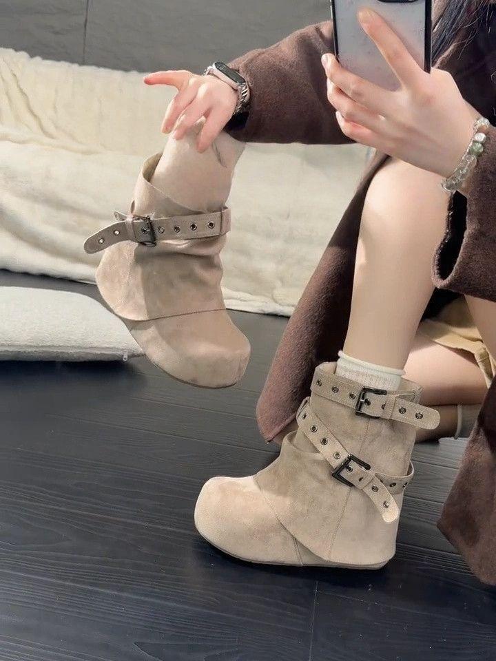 American trend thin JK belt buckle boots new thin round head with skirt versatile Birkenstock short boots women