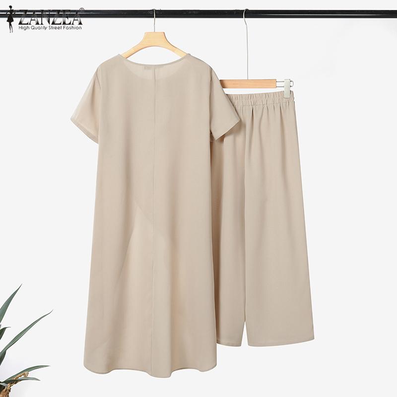ZANZEA Women Short Sleeve Long T-shirt and Cropped Pants Casual Two Piece Suit Sets