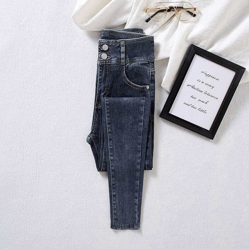 Blue-Gray High-Waisted Skinny Bootcut Jeans for Women: Fleece-Lined, Thickened, Slimming, Tapered Leg – 2022 Autumn/Winter Collection.