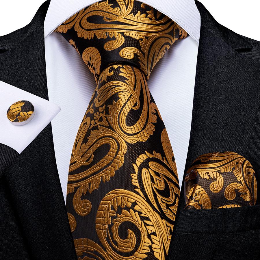 DiBanGu Set Cravatta Uomo Completo Con Fazzoletto E Gemelli - Cravatta In Seta Con Anello Oro, Paisley Arancione - Regalo Uomo Elegante In Confezione Regalo