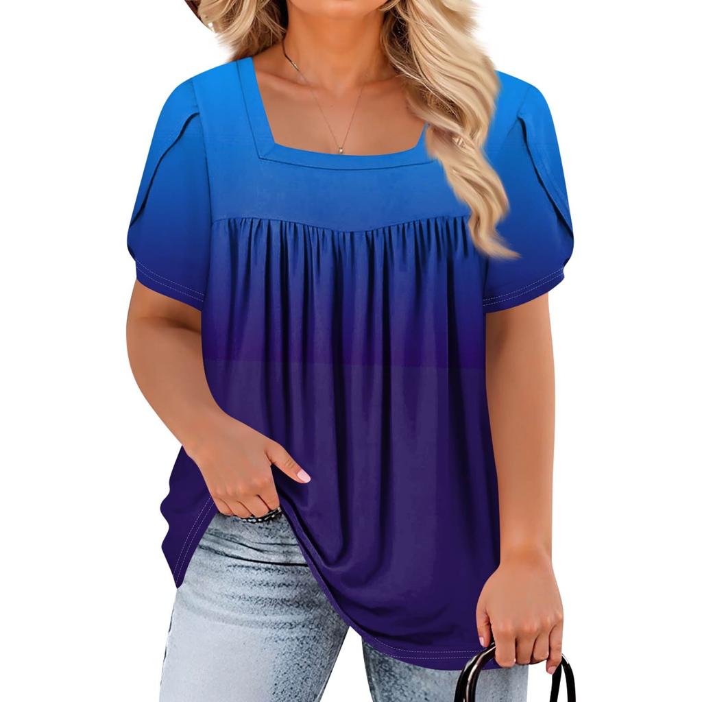 Women's Fashion Casual Printed Square Neck Short Sleeve Large Size T-Shirt Top